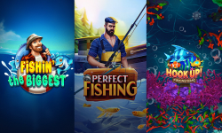 ¡Collage de Hook Up! Fishing Wars de Mascot Games, Perfect Fishing Games de Evoplay, Fishin' The Biggest de Apparat Games, Big Bass Splash de Pragmatic Play.