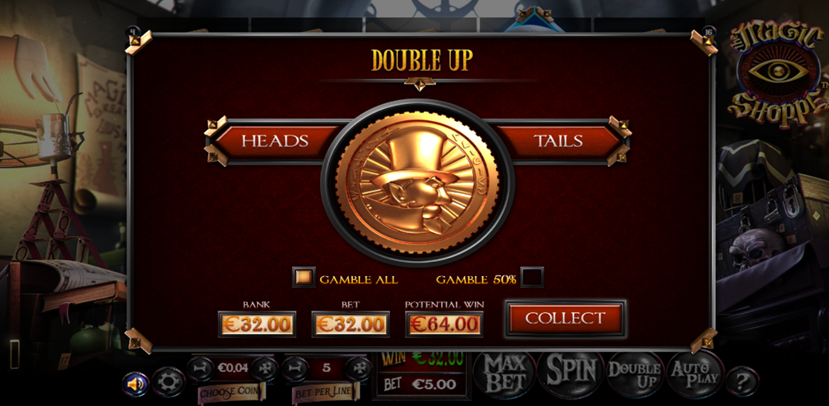 Magic shoppe game grid showing head of the coin on the double up gamble round coin