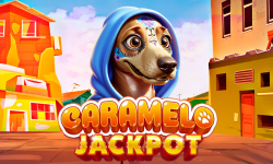 Caramelo Jackpot juego de tragaperras por sólo jugar revisión con un perro alegre en una sudadera con capucha azul y brillante fondo de la ciudad.