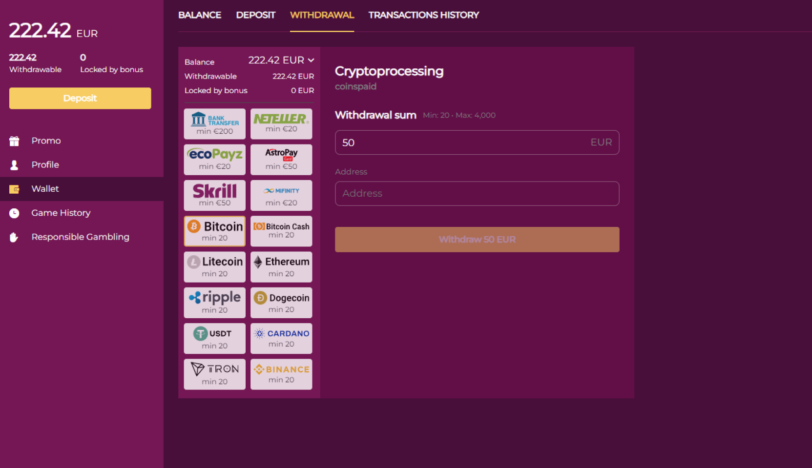 Screenshot of SlotVibe casino payment portal showing all their accepted withdrawal methods