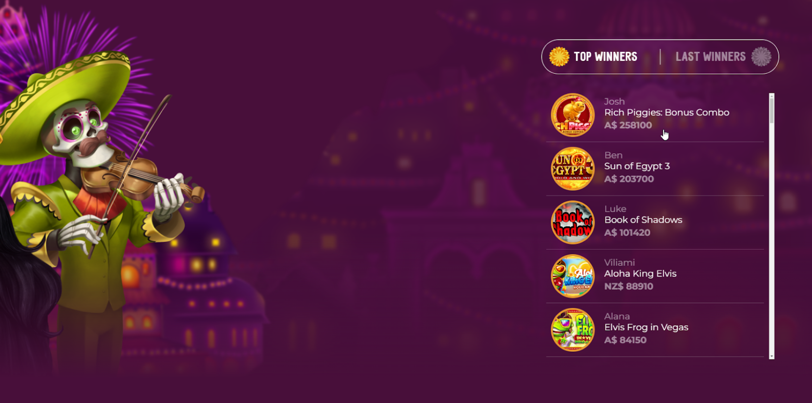 Screenshot of SlotVibe casino website showing their big winners