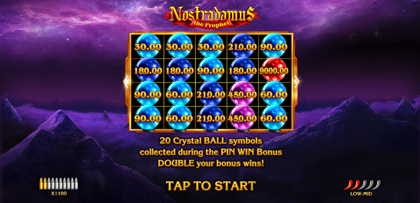 Nostradamus The Prophet slot game by Amigo Games with entrance screen showing tap to start.