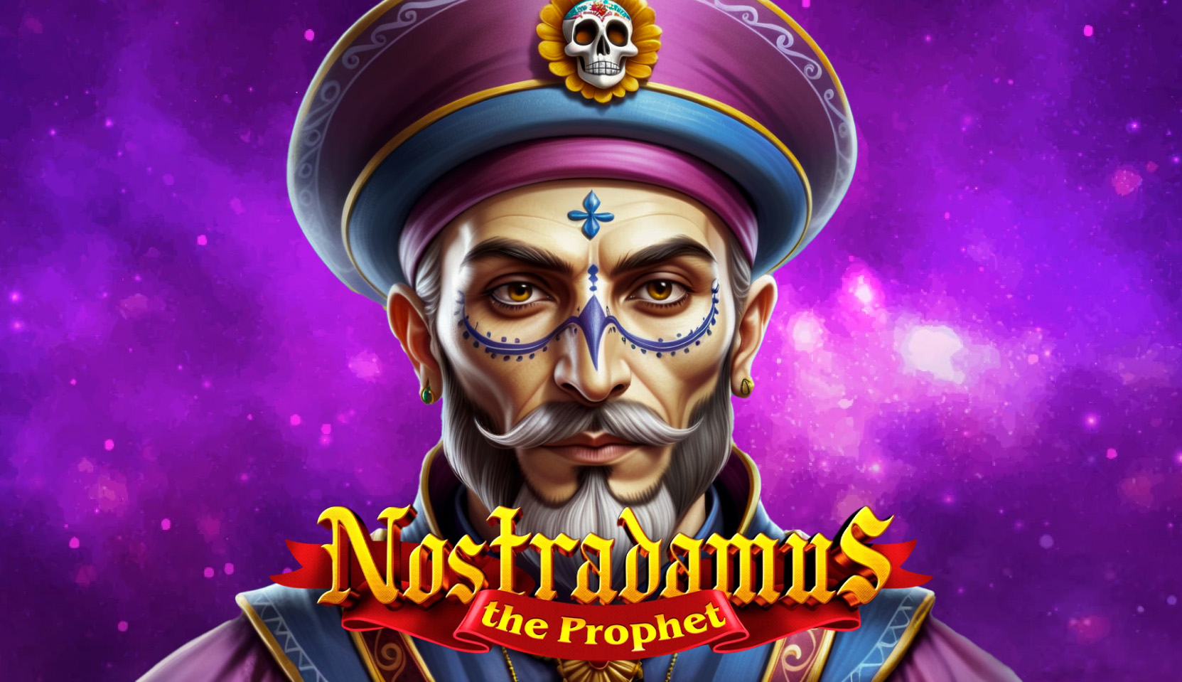 Portrait of Nostradamus with intricate face paint and a purple background for 'Nostradamus The Prophet' slot game by Amigo Games