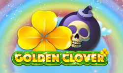 El juego Golden Clover Instant Win de Only Play presenta un vibrante trébol dorado y un colorido fondo de arco iris.