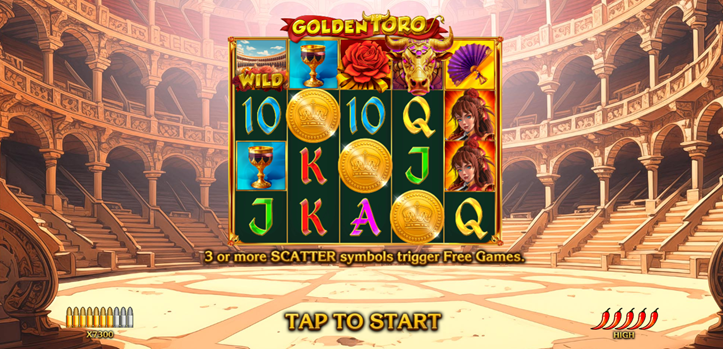 Golden Toro Slot Game by Amigo Games bull fighting ring background with game grid and tap to start.