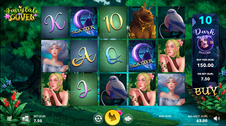 Fairytale Coven by Mascot Games game grid with scatter and fairy symbols on a forest background.