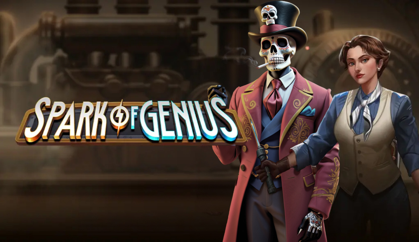 Steampunk skeleton and woman in Spark of Genius slot game review by Play'n Go