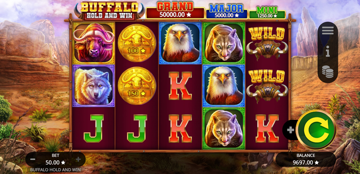 Buffalo Hold and Win slot game by Booming Games game grid with wild, character, and coin symbols.