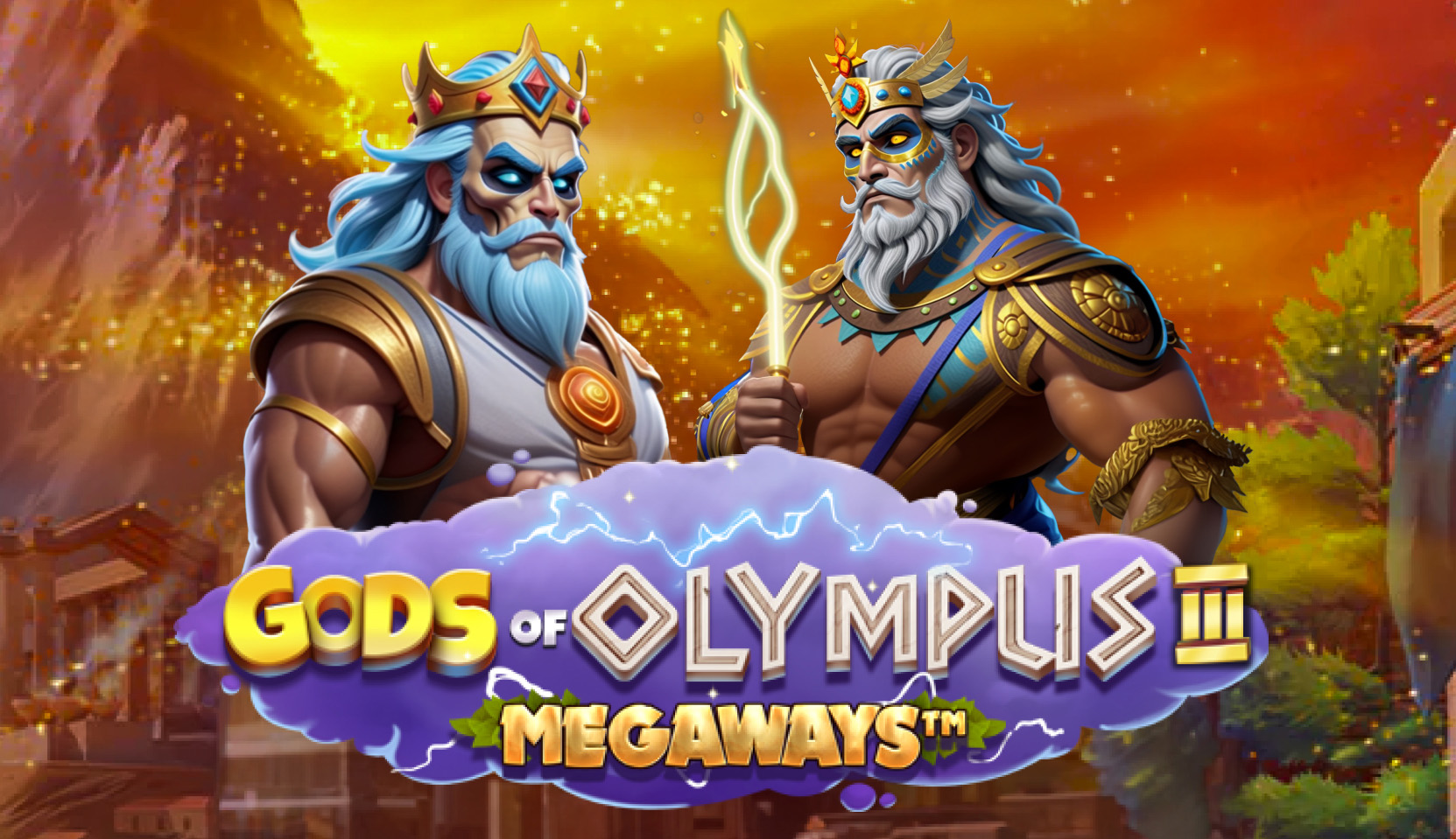 Gods of olympus III megaways  game grid  showing two Zeus images with blue and golden eyes.