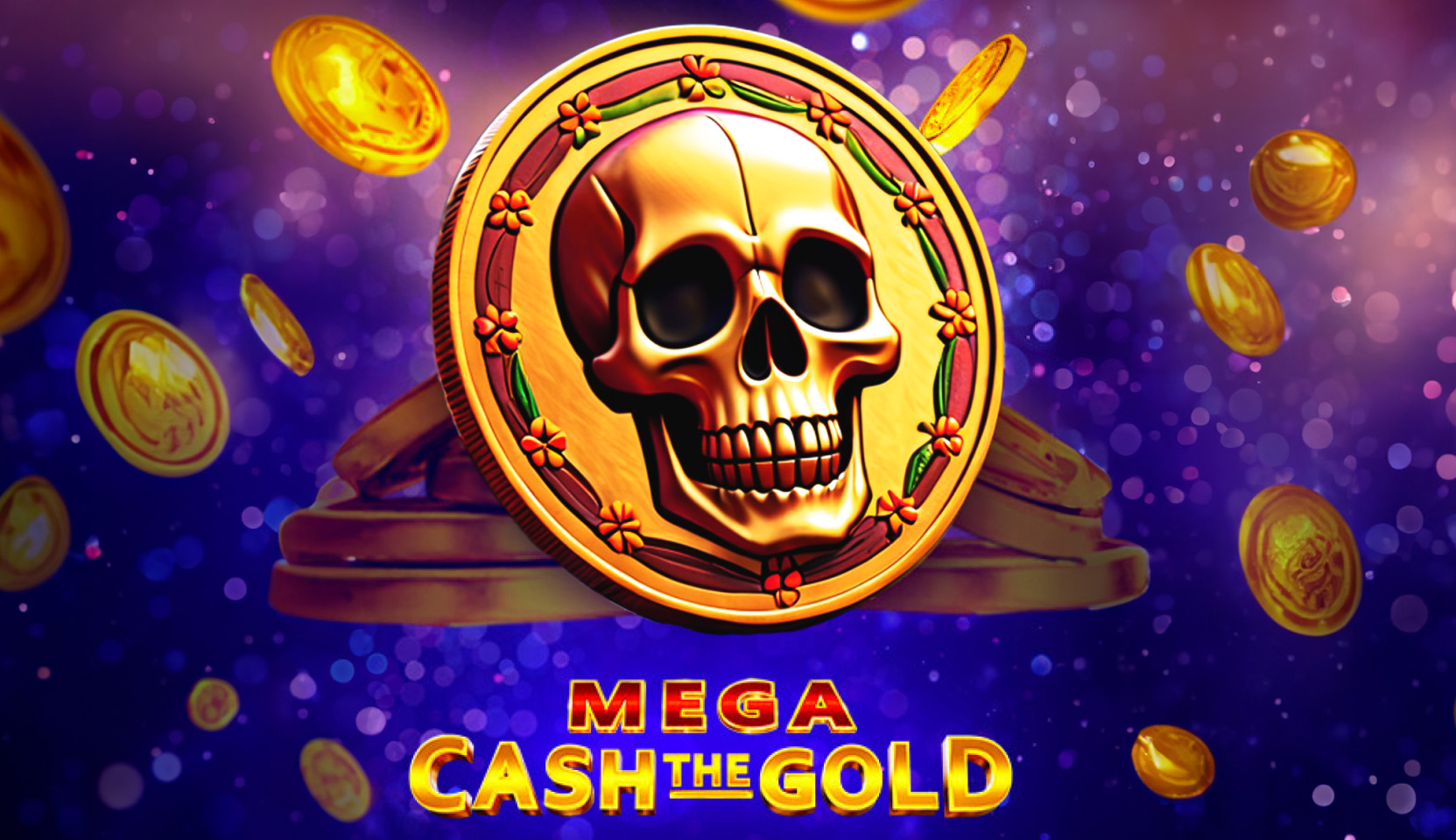 Golden skull coin and gold coins floating in the Mega Cash The Gold slot game review from 1spin4win.