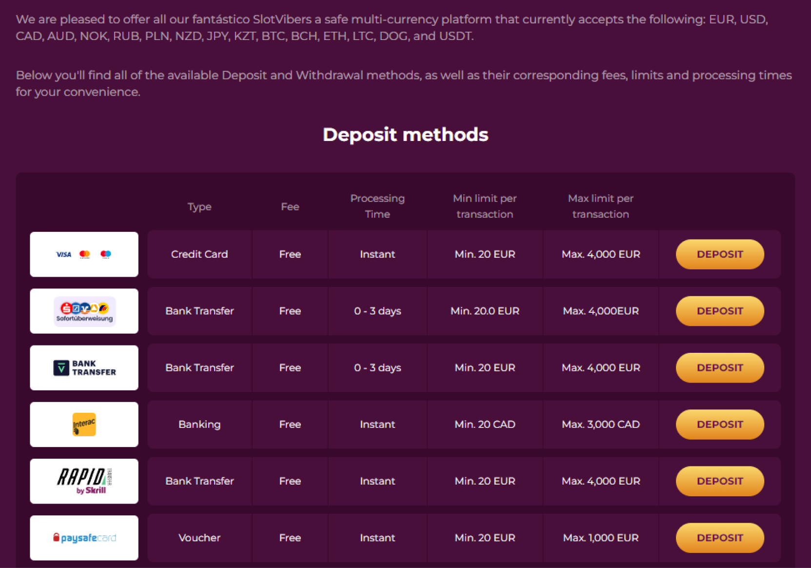 Image of payment methods offered by SlotVibe casino