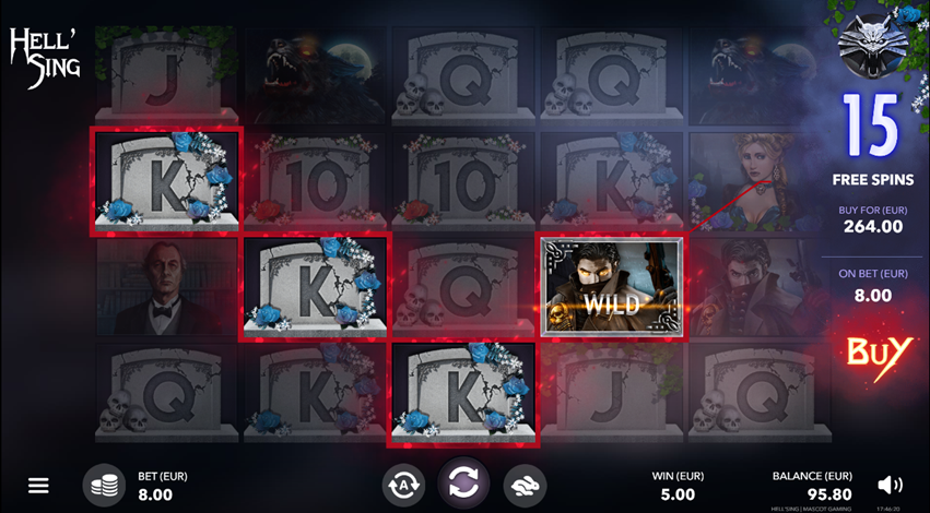 hell’sing game grid with gravestone werewolf, lady, man, and butler symbols and the buy 10 freespins option 