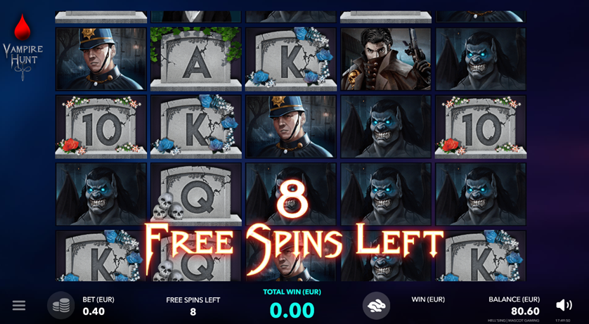 hell’sing vampire hunt free spins showing 8 free spins on the game grid with the policeman, werewolf, gravestone symbols