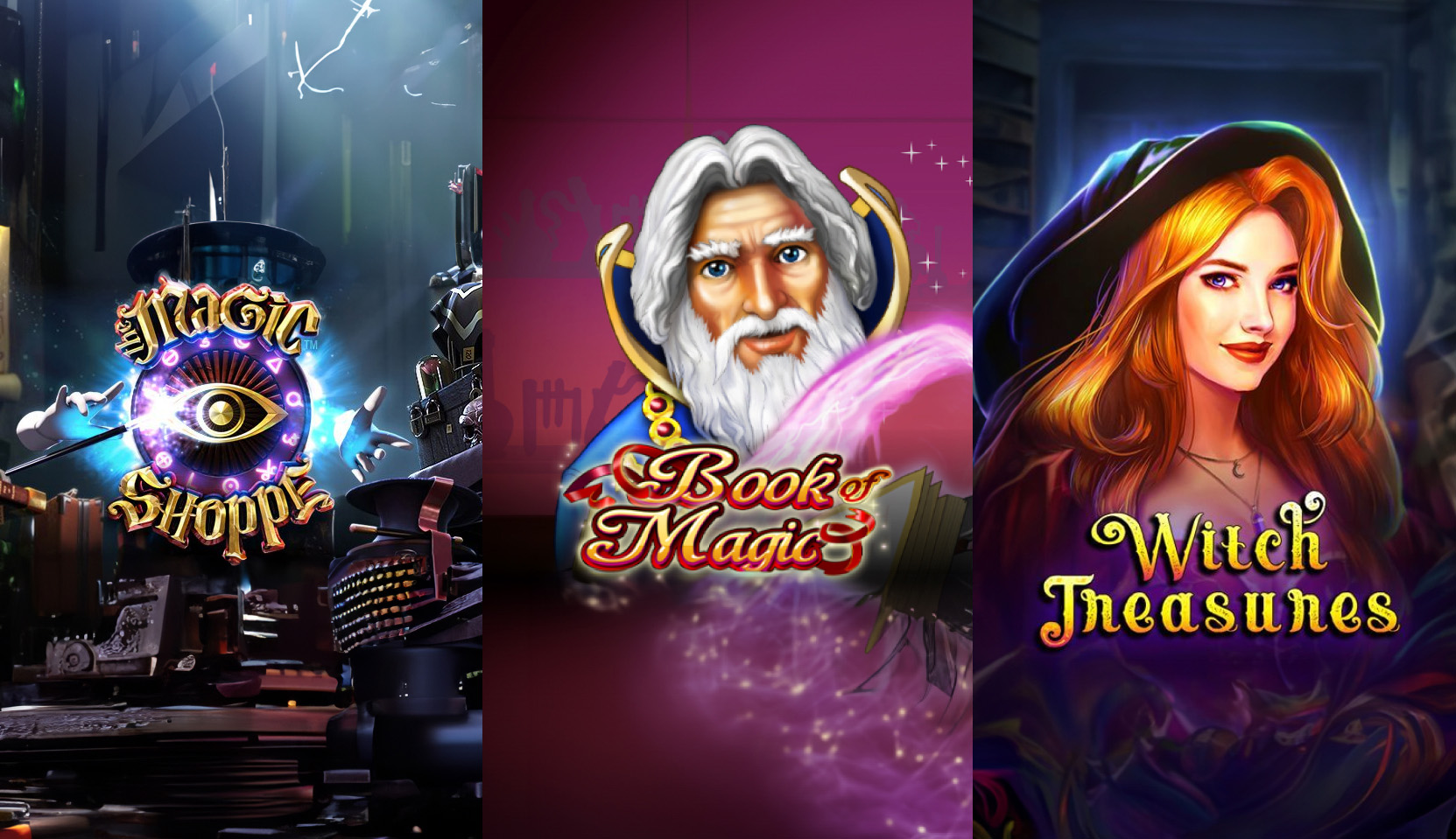 Magic shoppe, Book of magic, and Witch Treasure images showing the cover image for each game.