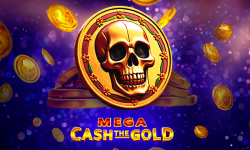 Una calavera dorada y monedas de oro flotando en la revisión del juego de tragaperras Mega Cash The Gold de 1spin4win.