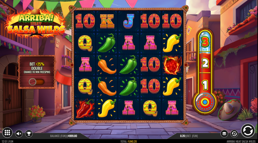 Arriba Heat : Salsa Wilds slot game by Iron Dog Studio game grid showing chilli and card symbols and chilli sauce thermometer.