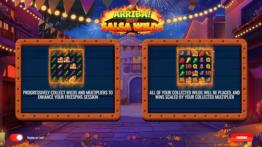 Arriba Heat : Salsa Wilds slot game by Iron Dog Studio showing the entrance screen with game features