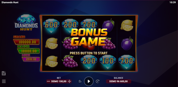 Diamonds Hunt slot game by Slotopia bonus game screen with press button to start, and diamond symbols.