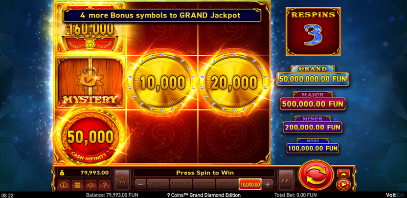 9 Coins Grand Diamond Edition slot game by Wazdan game grid with bonus coins and mystery symbols.