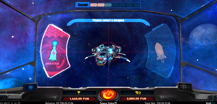 Space Spins slot game by Wazdan showing gamble round screen with weapon choice feature.