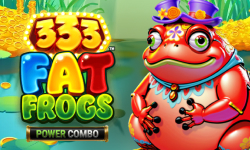333 Fat Frogs juego de tragaperras con una rana roja alegre en un sombrero, colores vibrantes, y pilas de monedas de oro, la promoción de la función Power Combo en el juego de tragaperras por Quickfire