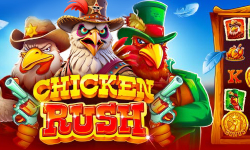 Juguetona tragaperras Chicken Rush de Bgaming con pollos vaqueros, gráficos vibrantes y símbolos detallados en los rodillos.