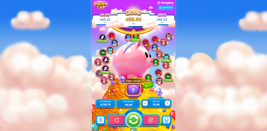 Piggy Tap slot game by Only Play with the instant game screen showing multiplayers on the pink cloud, blue sky background.