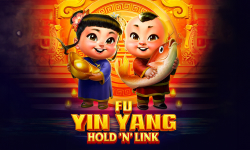 La tragaperras Fu Yin Yang Hold and Link de Netgame presenta a dos niños que sostienen símbolos de riqueza.