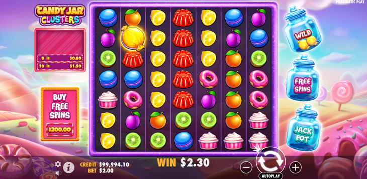Candy Jar clusters game grid with three jars for wild, free spins, and jackpot symbols to collect in