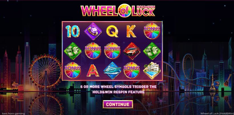 Wheel of Luck Hold and Win slot game by Tom Horn Native entrance screen with game grid and Ferris wheel in the background.