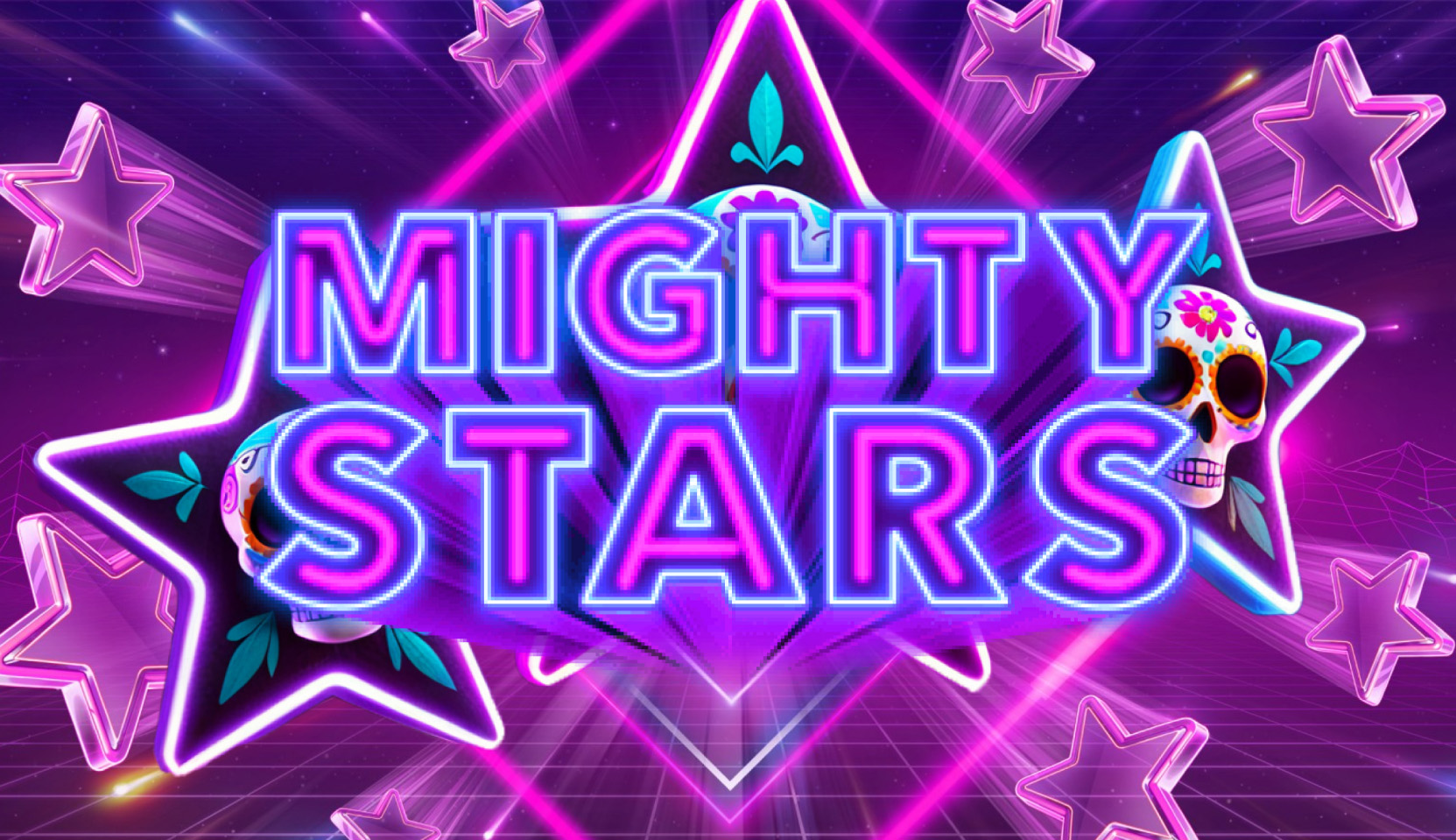 Mighty Stars slot game review with neon stars and Day of the Dead skull graphics by Netgame