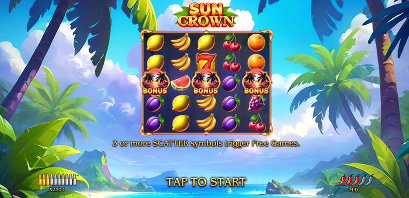 Sun Crown slot game by amigo games with entrance screen show game grid and palm trees in background.