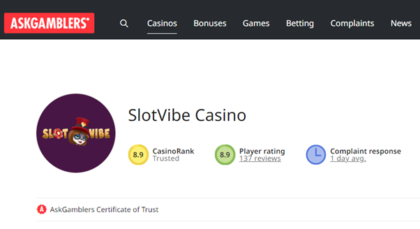 Ask Gamblers casino rank page with SlotVibe casino ranking