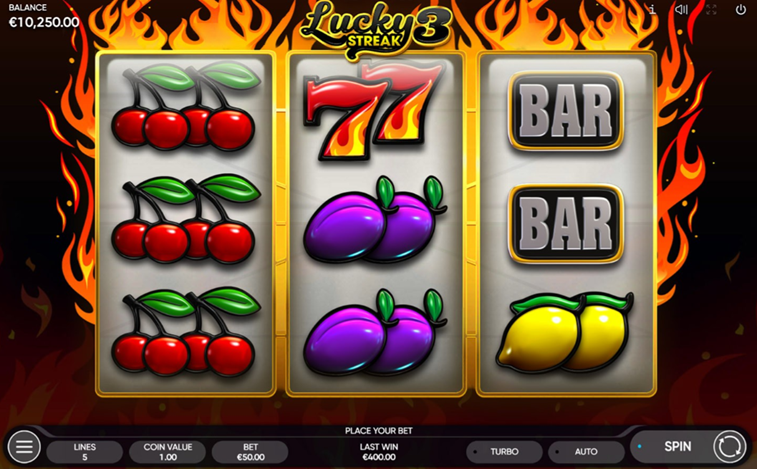 Lucky Streak 3 slot game by Endorphina game grid with cherries, plums and 7 symbols.