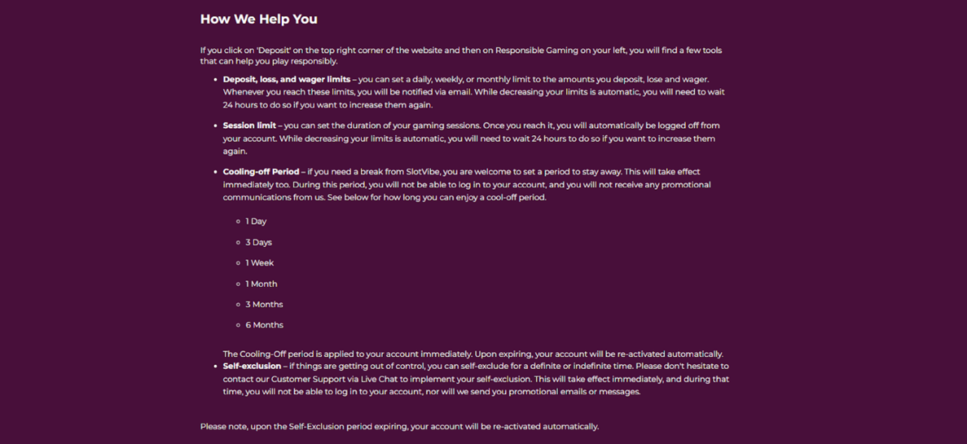 How we help you and text about how to deposit at SlotVibe