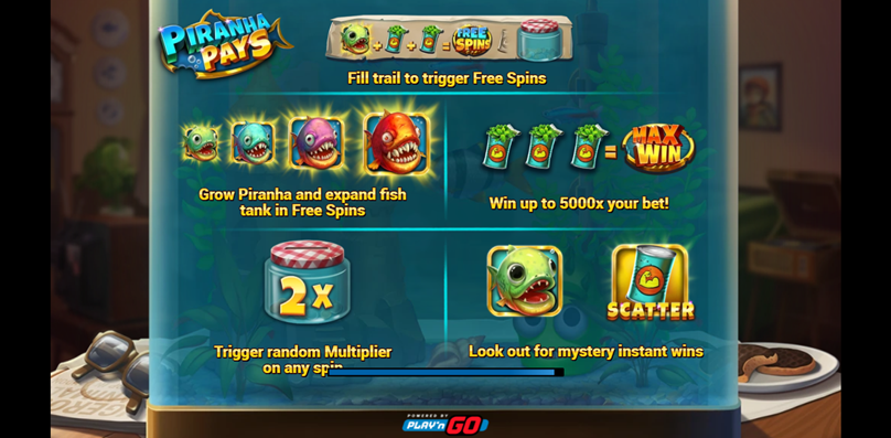 Piranha Pays slot game by Play n Go entrance screen with logo and game features.
