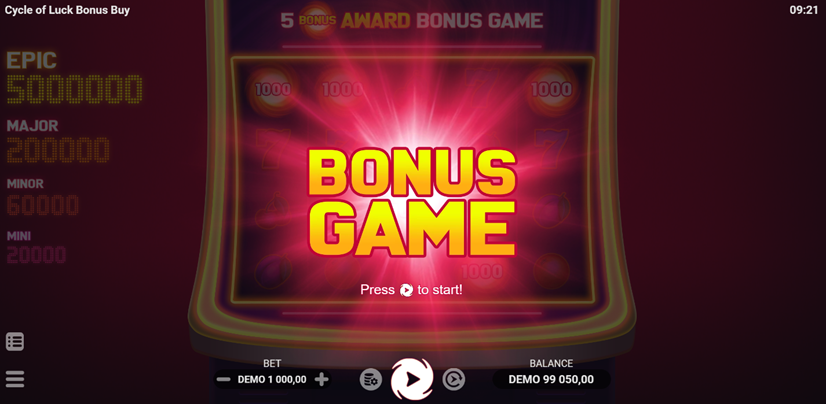 Cycle of Luck Bonus Buy slot game by Evoplay with the words bonus game on the screen.