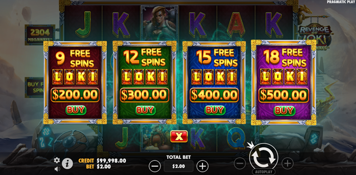 Revenge of Loki Megaways slot game by Pragmatic Play free spins options with game grid in the background.