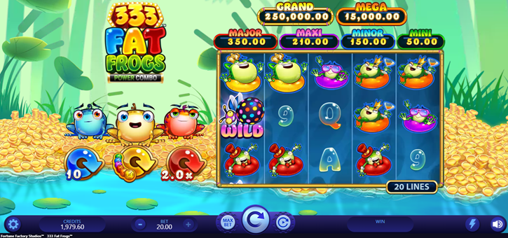 333 Fat Frogs slot game by Quickfire game grid with wild and frog symbols
